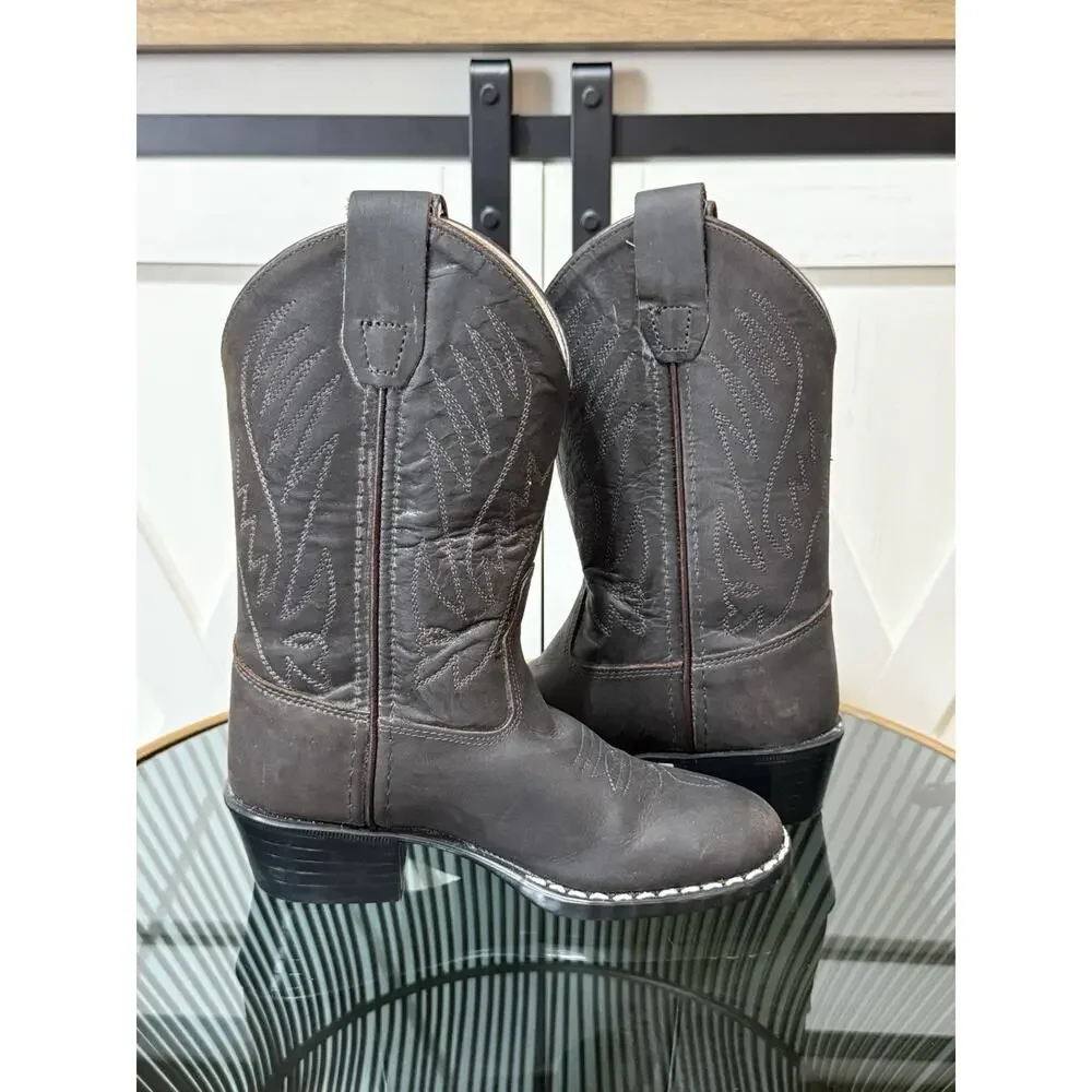Old West 1151 Kids Brown Leather Western Cowboy Boots Embroidered Size 10.5